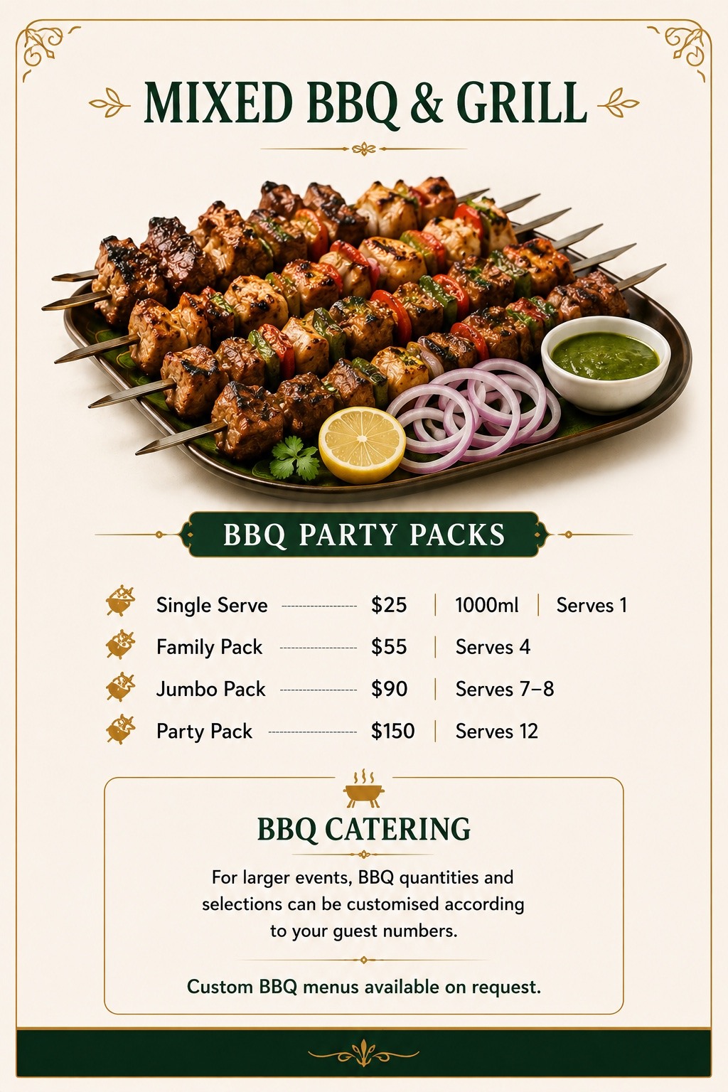 Kinza's Kitchen BBQ Party Packs menu