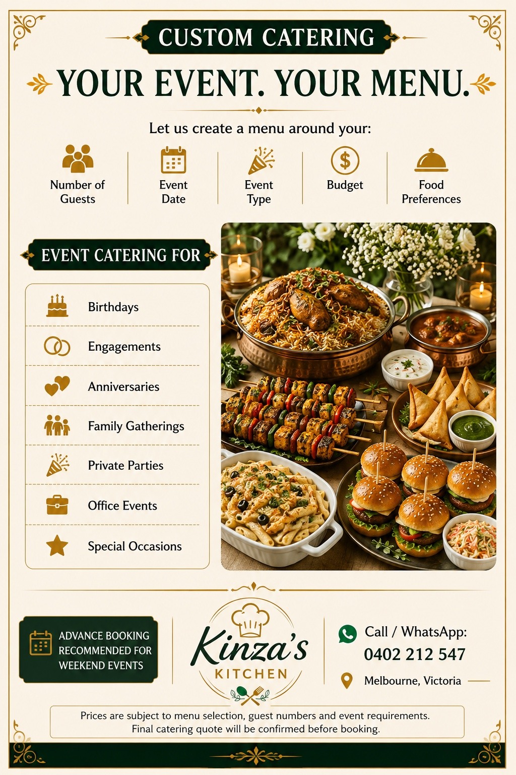Kinza's Kitchen Custom Catering menu