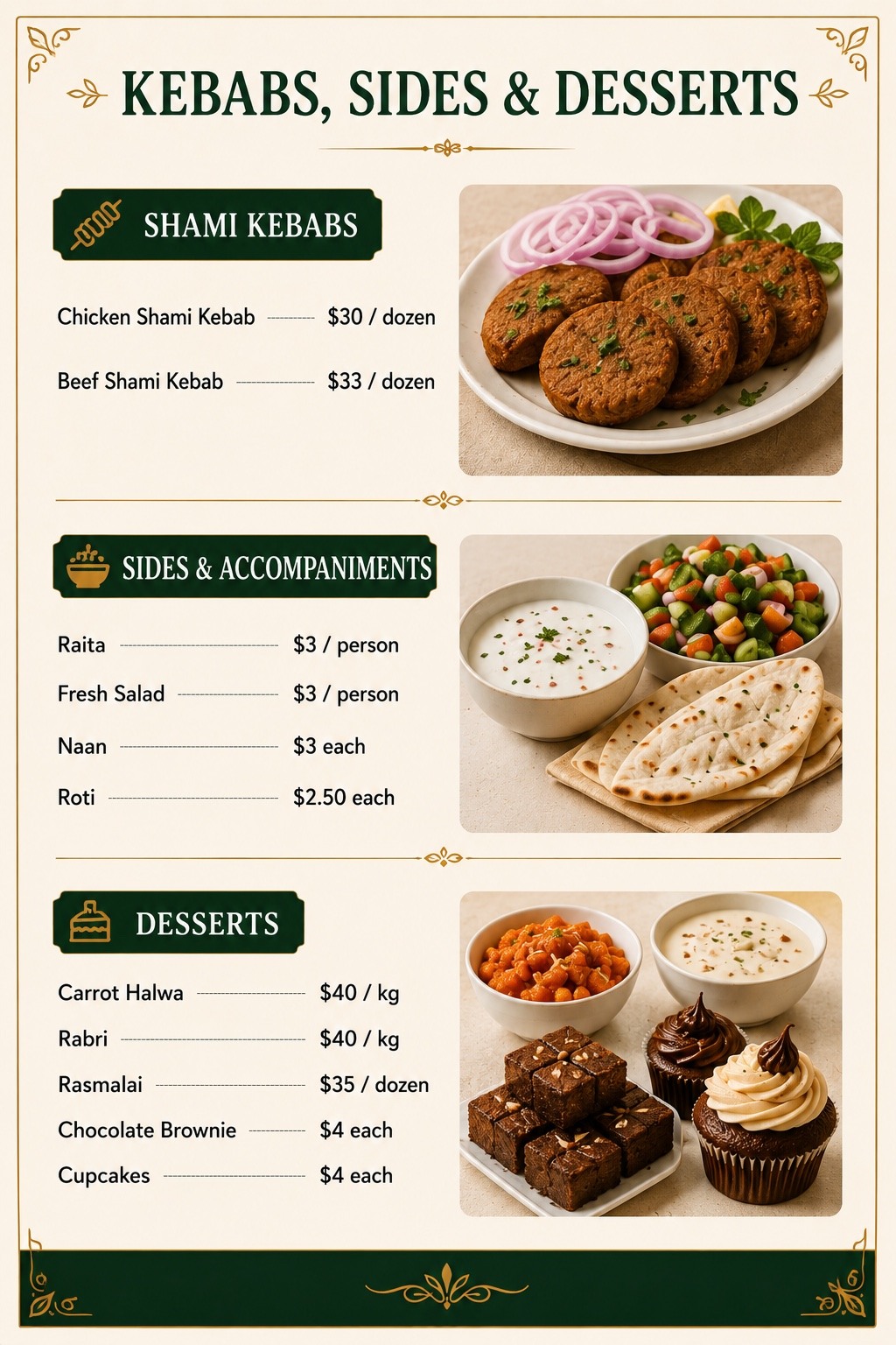 Kinza's Kitchen Kebabs Sides and Desserts menu