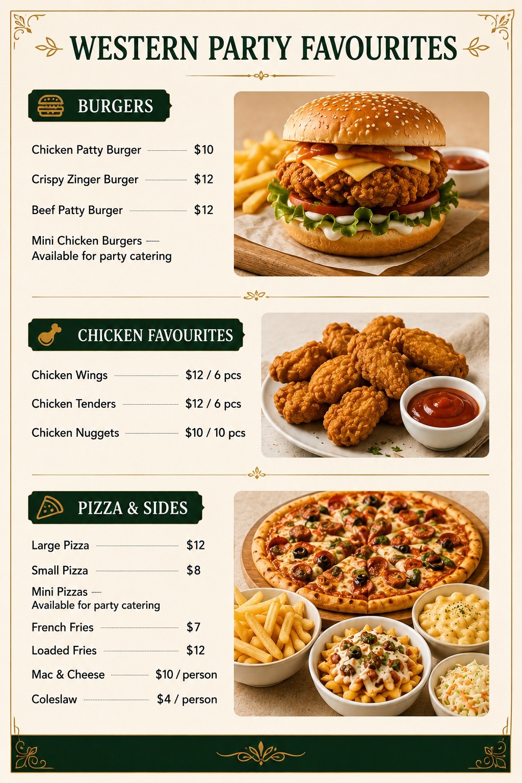 Kinza's Kitchen Western Party Favourites menu