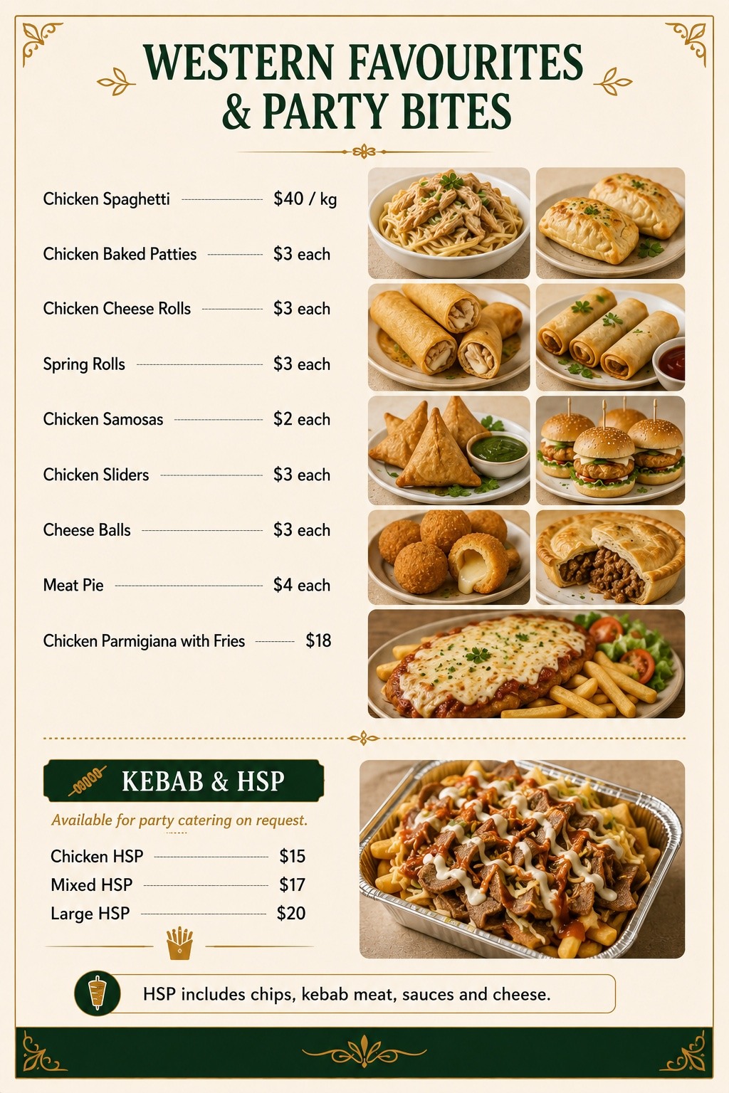 Kinza's Kitchen Western Favourites menu